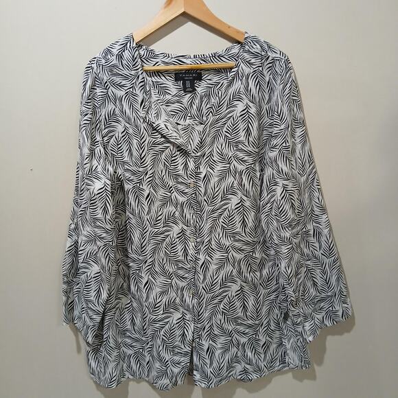 Tahari Shirt Womens 1X White Black Linen Leaf Print Button Front Tunic Top - Picture 3 of 13